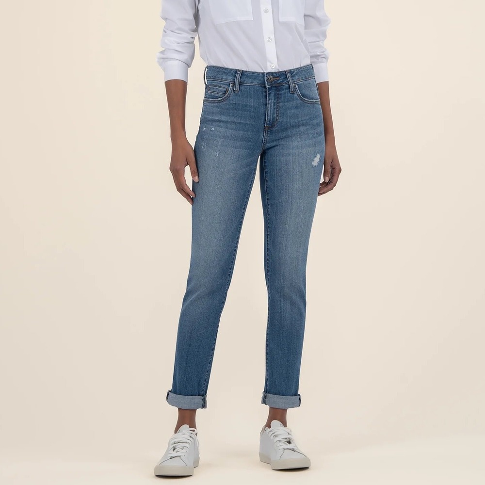 KUT from the Kloth Boyfriend Jeans Medium Wash Distressed Casual Comfort Size 10